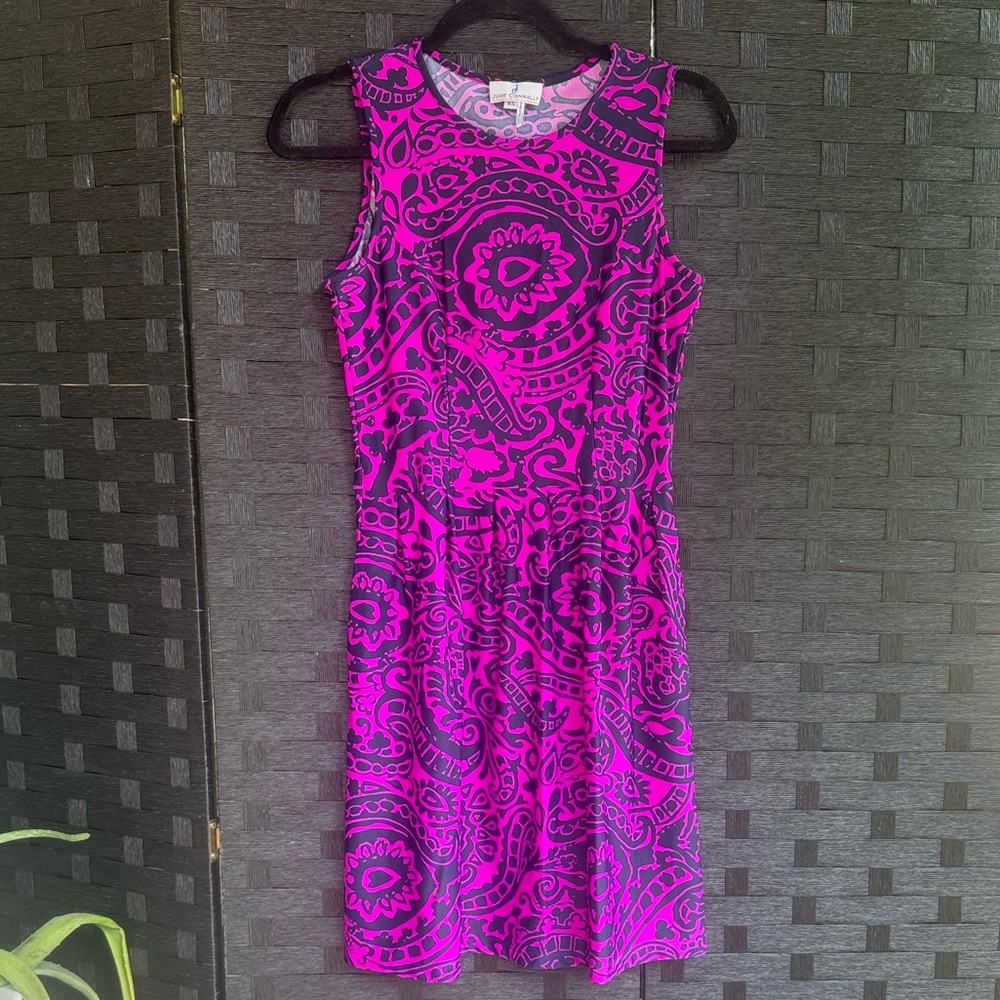 Jude Connally Vibrant Pink and Black Paisley Midi Dress